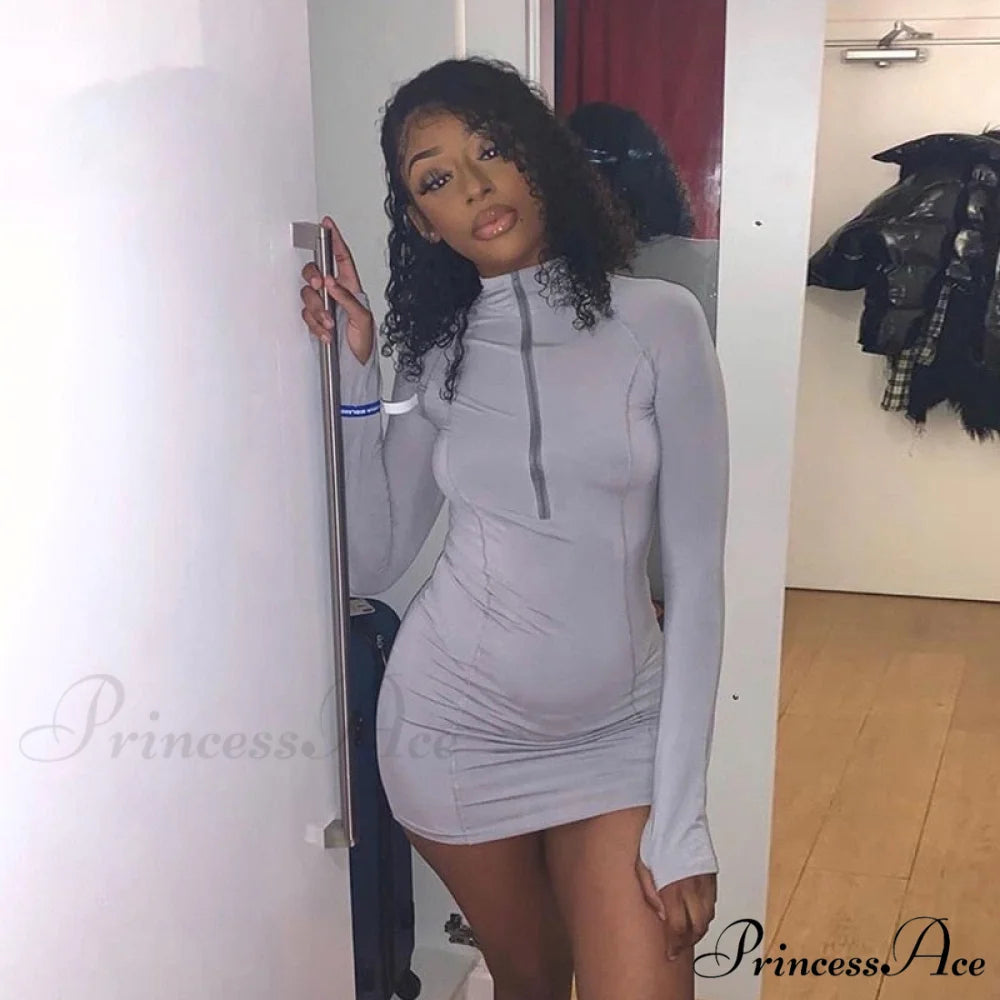 Long Sleeve Casual Skinny Fitness Mini Slim Short Dress Gray / S