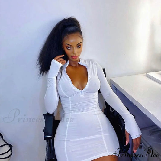 Long Sleeve Casual Skinny Fitness Mini Slim Short Dress White / S
