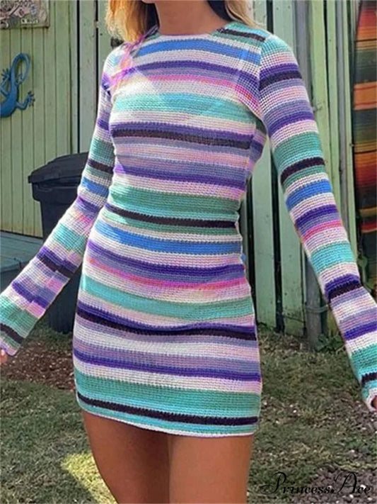 Long Sleeve Casual Striped Backless Fall Party Mini Dress COLORFUL / S