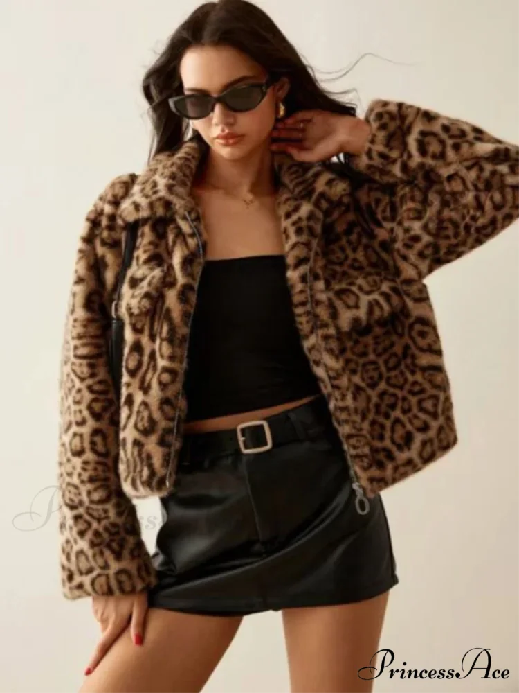 Long Sleeve Cheetah Pattern Zipper Jacket coats-241228