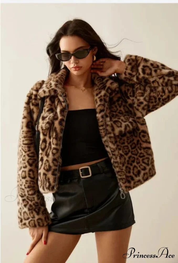 Long Sleeve Cheetah Pattern Zipper Jacket Leopard Print A / S coats-241228