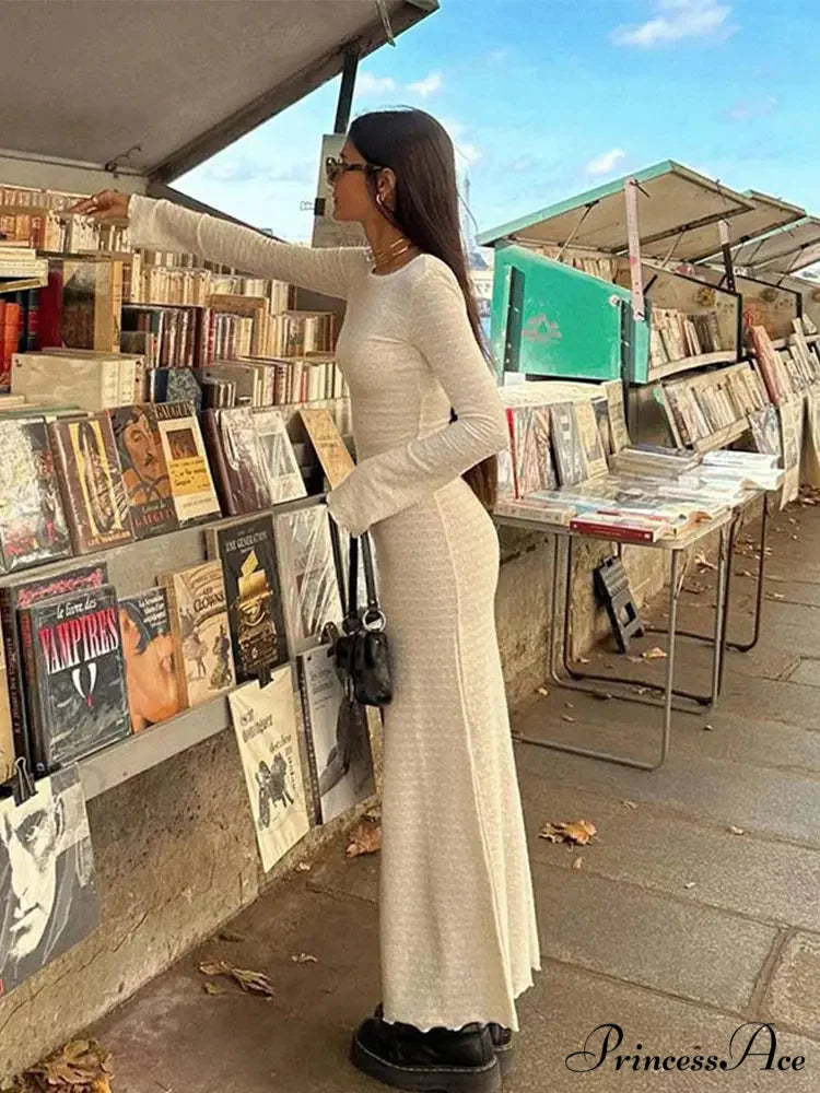 Long Sleeve Commute Robe Maxi Dress WHITE / S