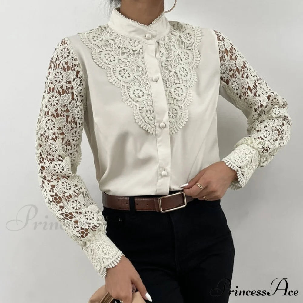 Long Sleeve Crew Neck Button Mesh Design Tops Ginger / S