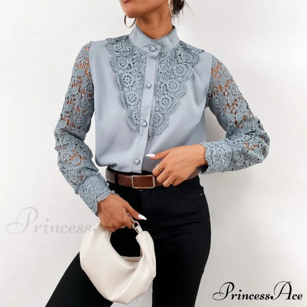 Long Sleeve Crew Neck Button Mesh Design Tops Light Grey / S