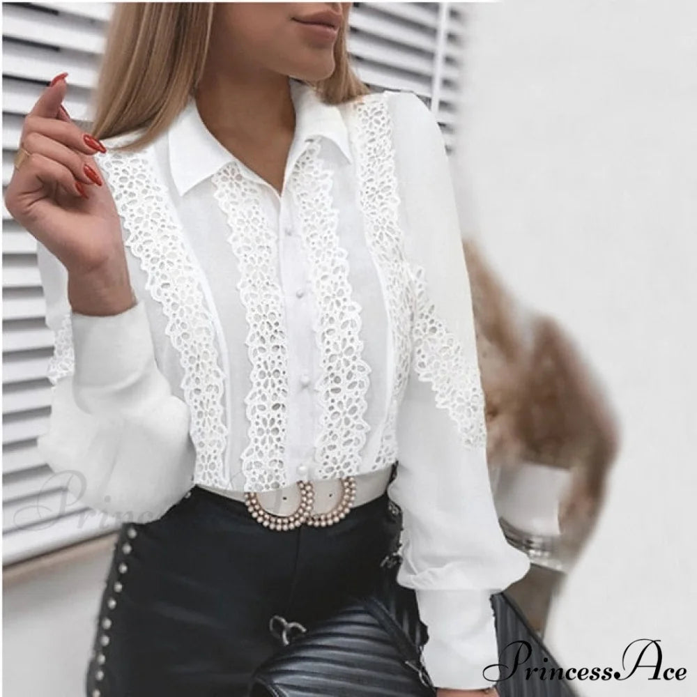 Long Sleeve Crew Neck Button Mesh Design Tops White-2 / S