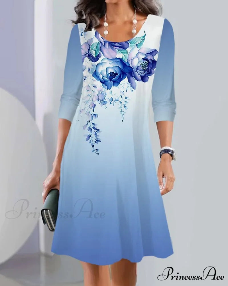 Long Sleeve Crew Neck Dress with Print Blue / S
