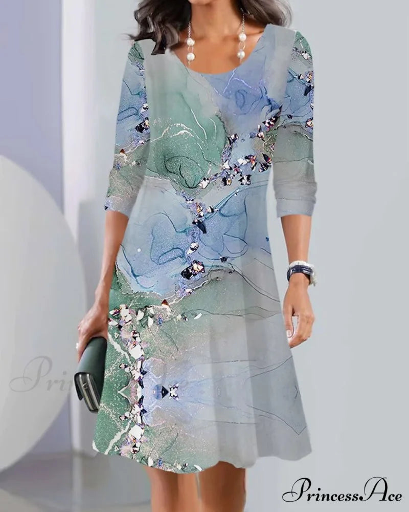 Long Sleeve Crew Neck Dress with Print Green / S