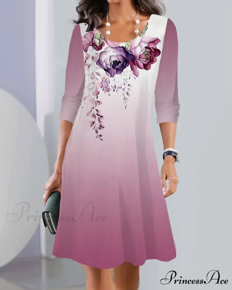 Long Sleeve Crew Neck Dress with Print Purple / S