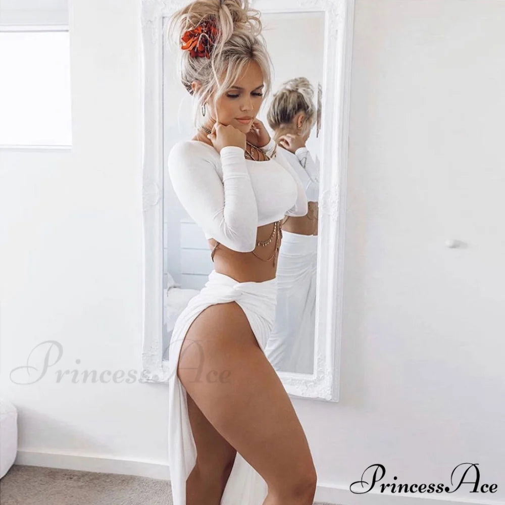 Long Sleeve Crop Top Modern & Sweater Dress Set L / White