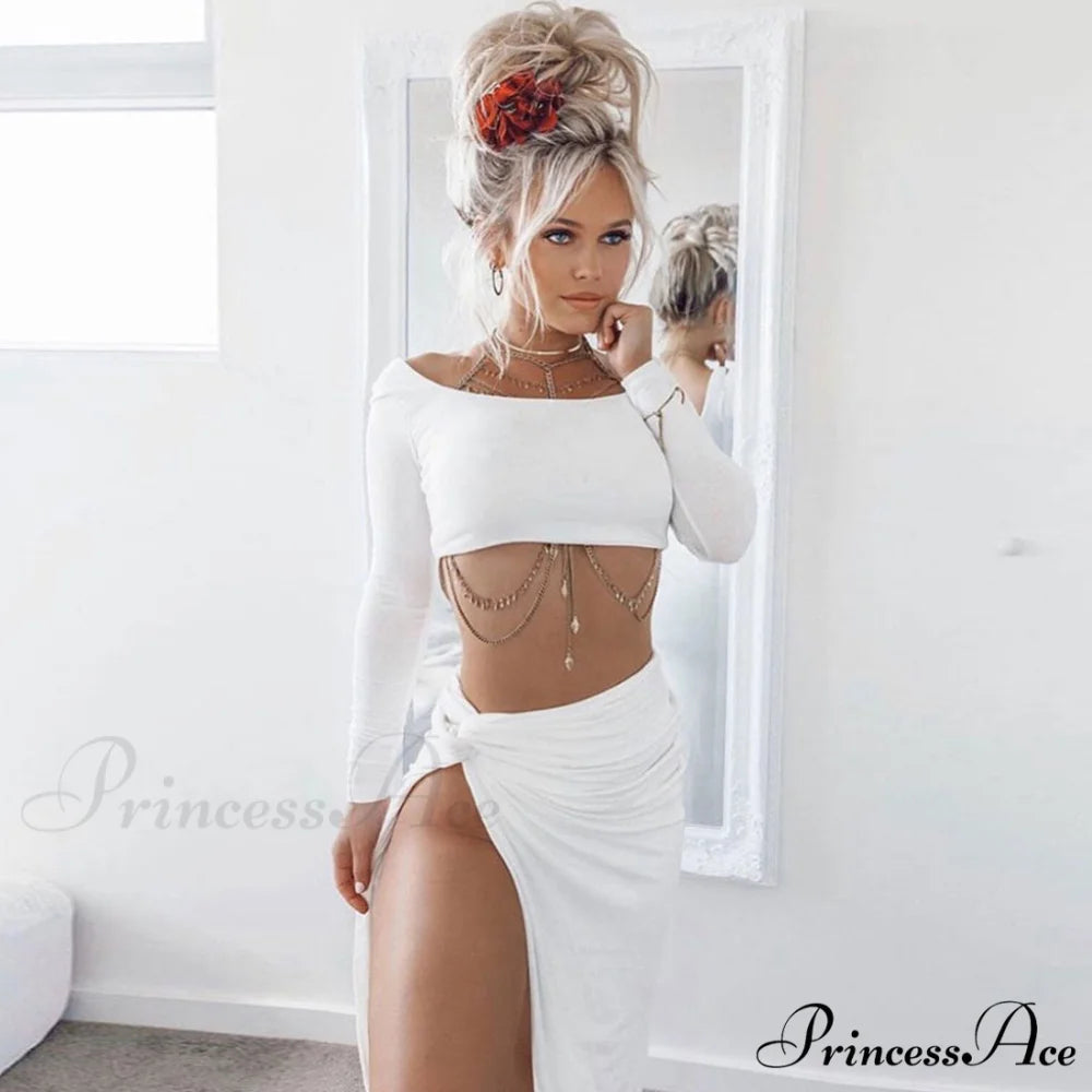 Long Sleeve Crop Top Modern & Sweater Dress Set M / White