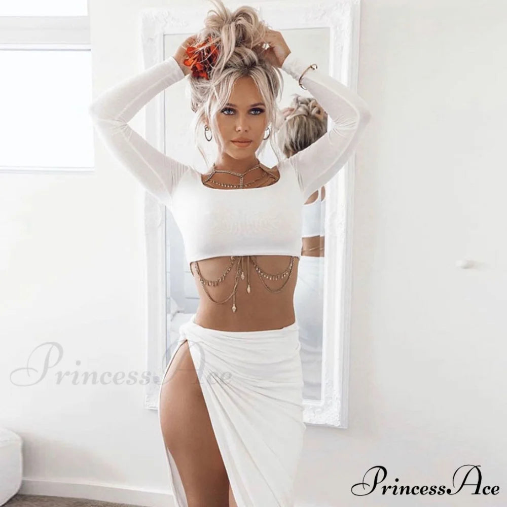 Long Sleeve Crop Top Modern & Sweater Dress Set S / White