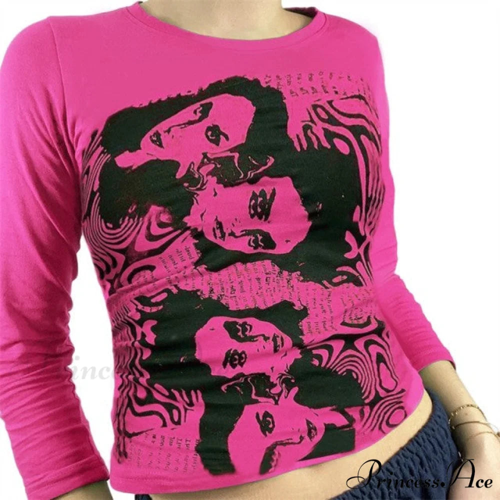 Long Sleeve Crop Tops Rose Red / S