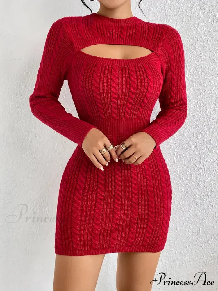 Long Sleeve Cut Out Sweater Knit Bodycon Dress S / Beige