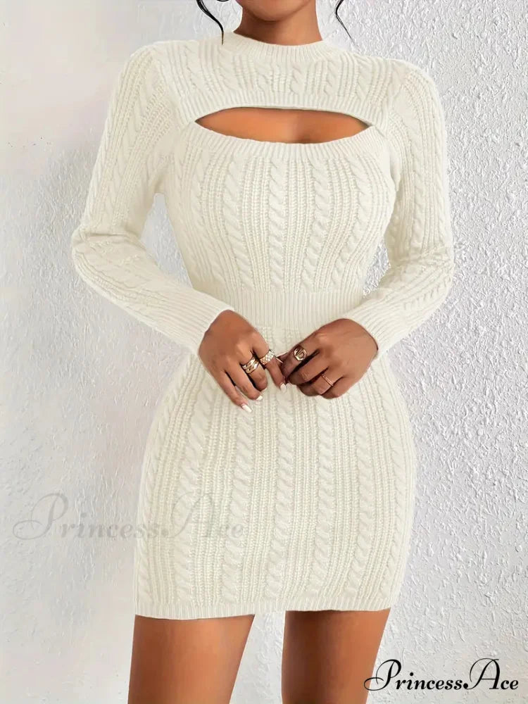 Long Sleeve Cut Out Sweater Knit Bodycon Dress S / Burgundy