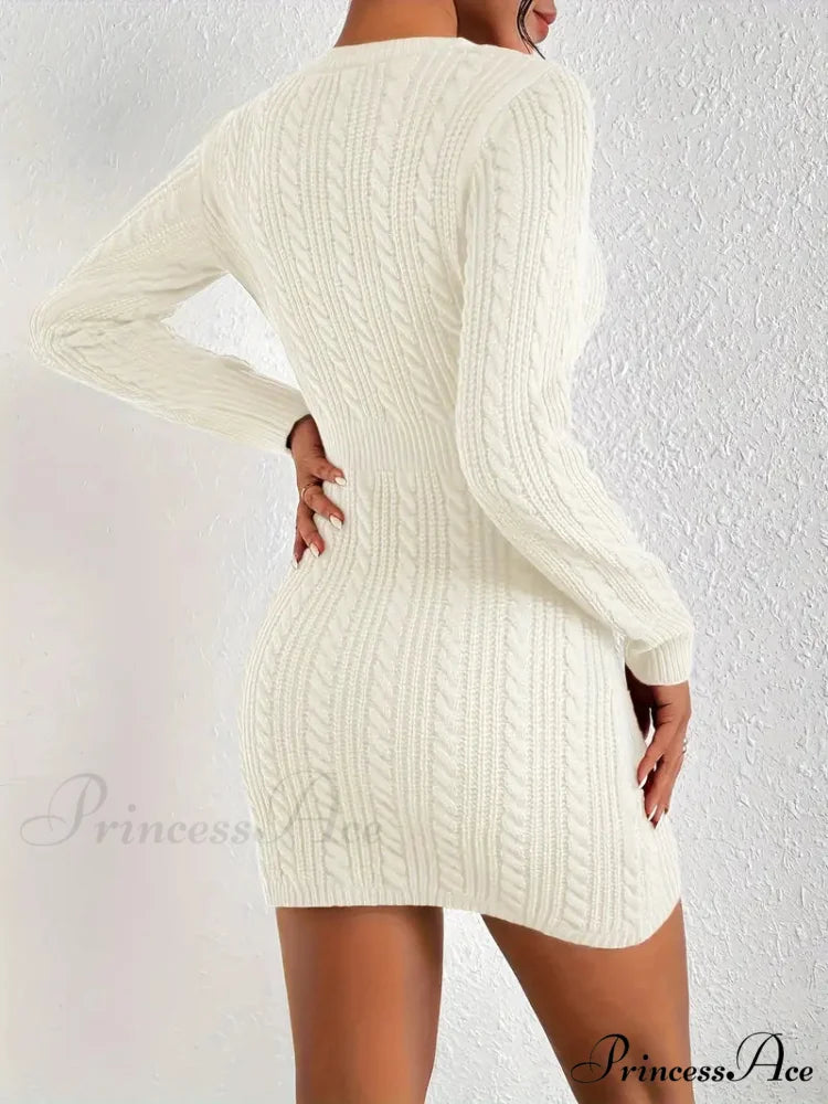 Long Sleeve Cut Out Sweater Knit Bodycon Dress XS / Beige