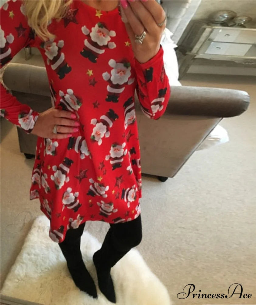 Long Sleeve Cute Christmas Dresses Red / S