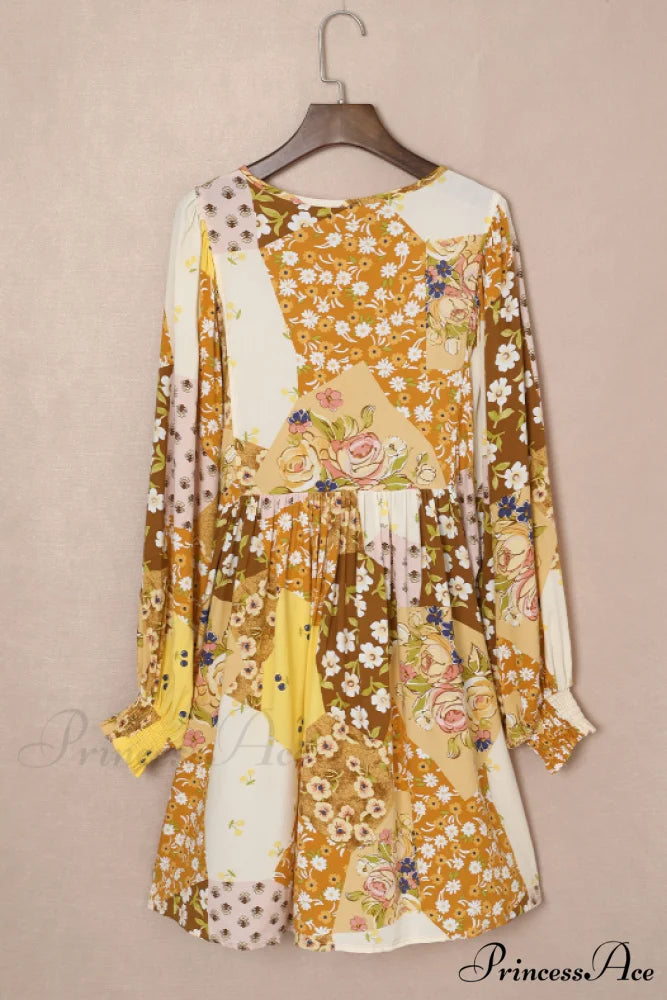 Long Sleeve Dress with Buttons and Broken Flowers
