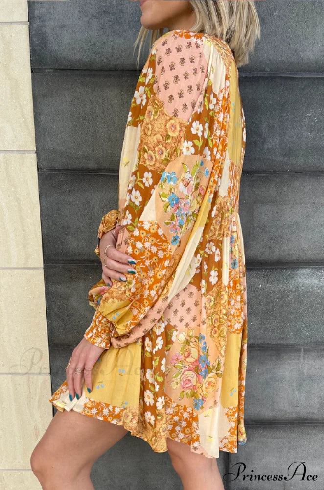 Long Sleeve Dress with Buttons and Broken Flowers