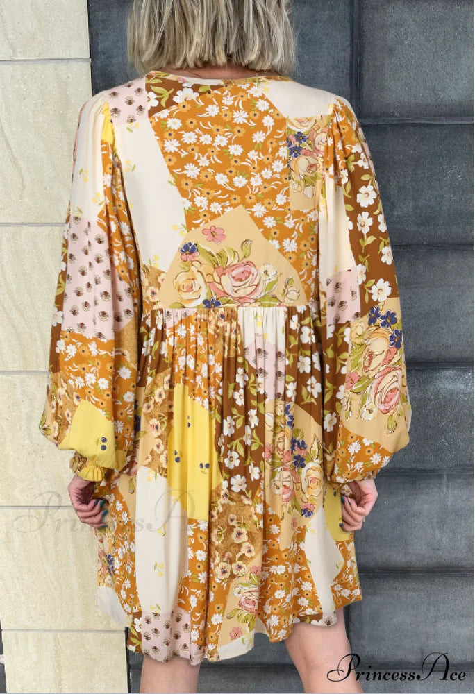 Long Sleeve Dress with Buttons and Broken Flowers