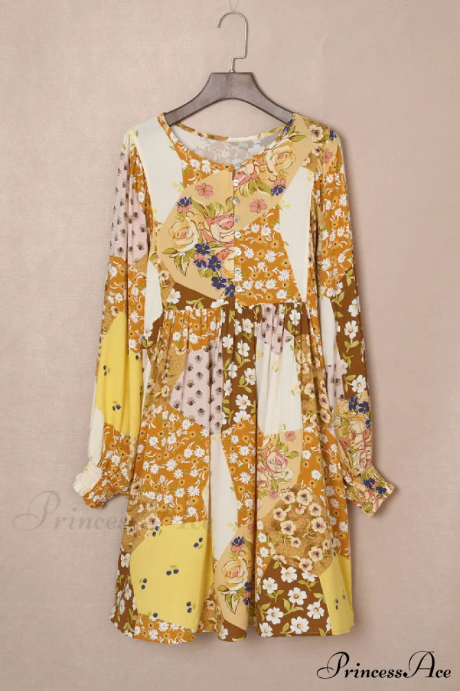 Long Sleeve Dress with Buttons and Broken Flowers