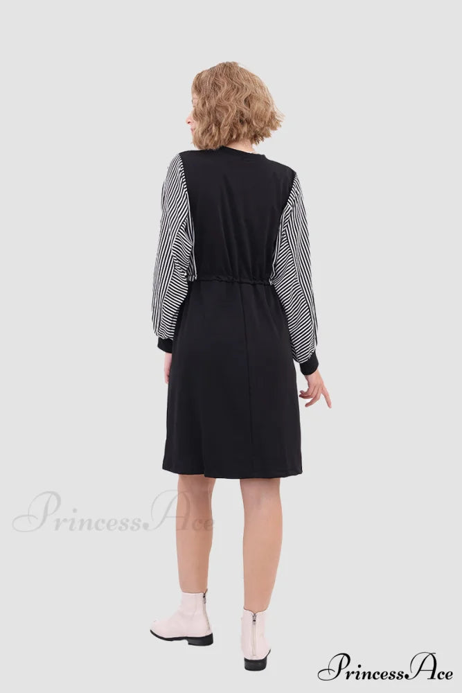 Long Sleeve Dress with Drawstring Waist Black / L