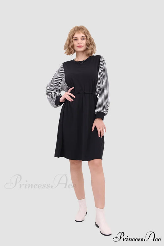 Long Sleeve Dress with Drawstring Waist Black / M