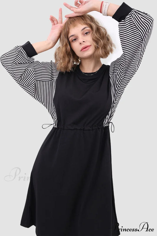 Long Sleeve Dress with Drawstring Waist Black / S