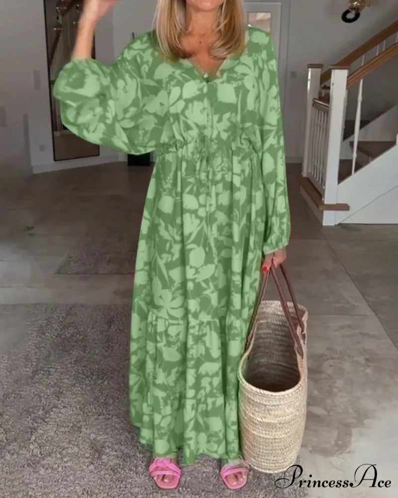 Long Sleeve Dress with Floral Print Green / S