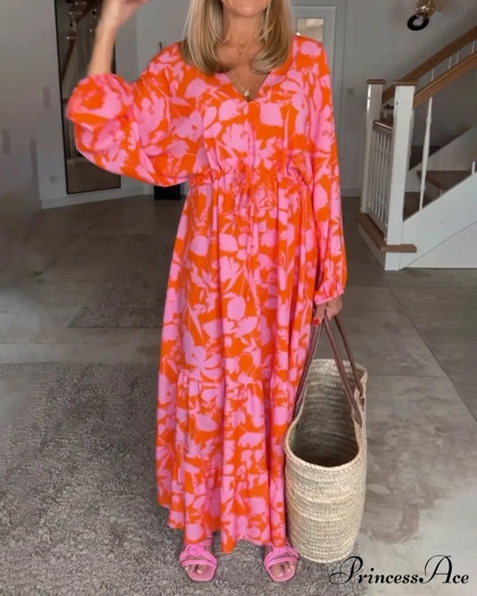 Long Sleeve Dress with Floral Print Orange / S