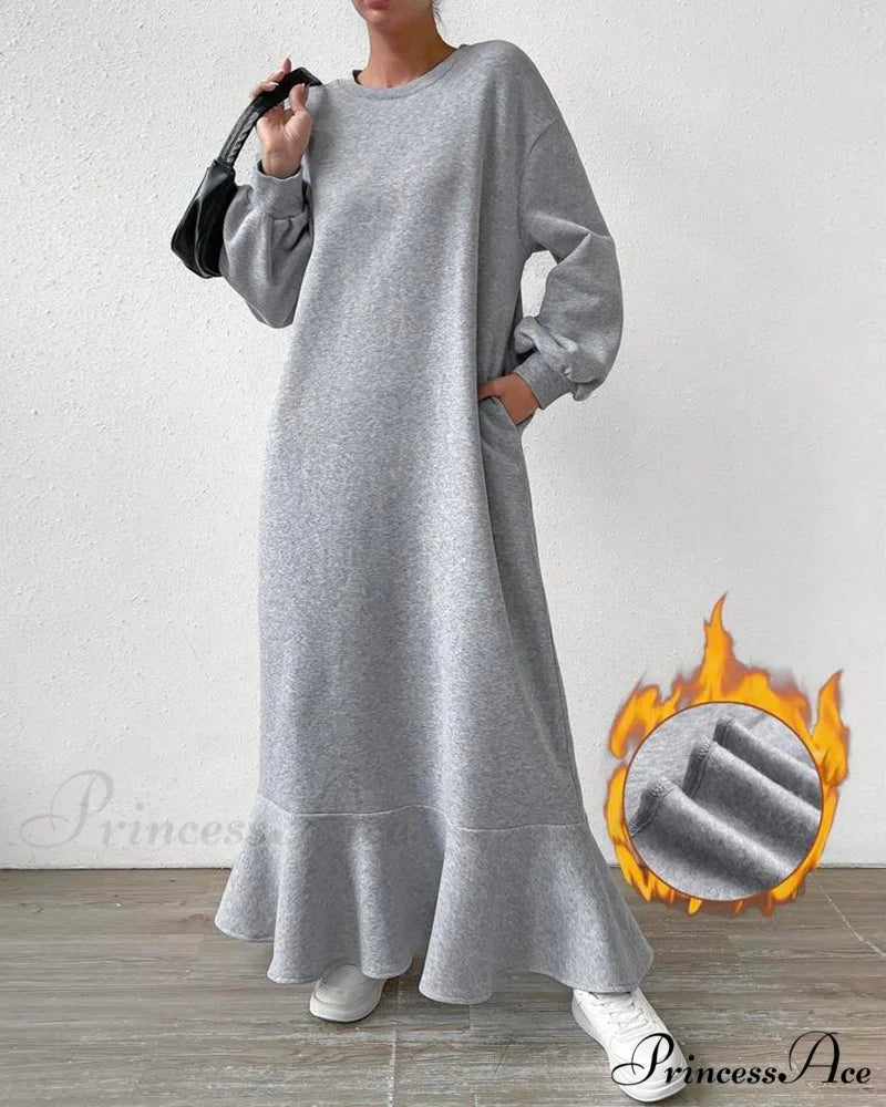 Long Sleeve Dress with Loose Pocket Gray / S