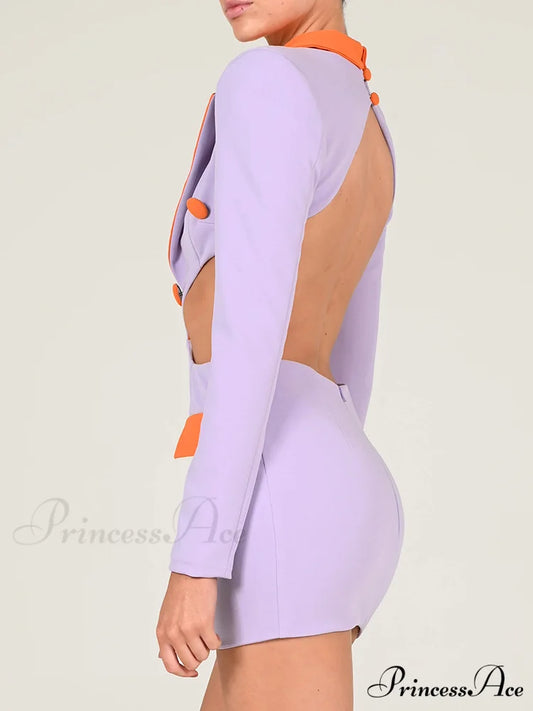 Long Sleeve Elegant Office Sexy Patchwork Backless Dress