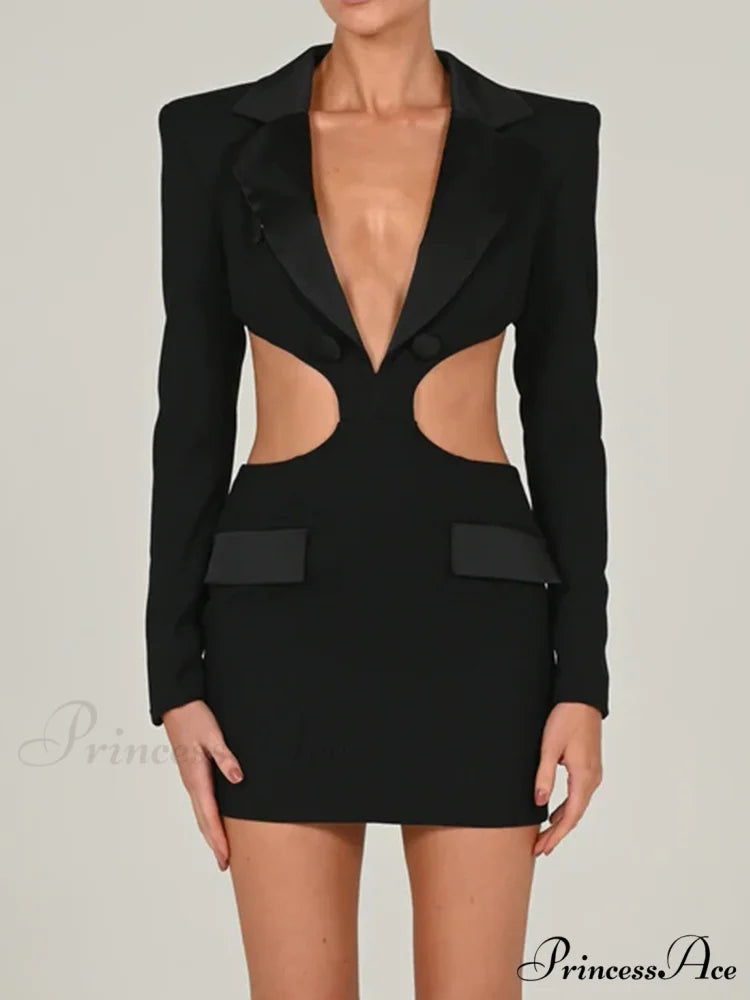 Long Sleeve Elegant Office Sexy Patchwork Backless Dress Black / L