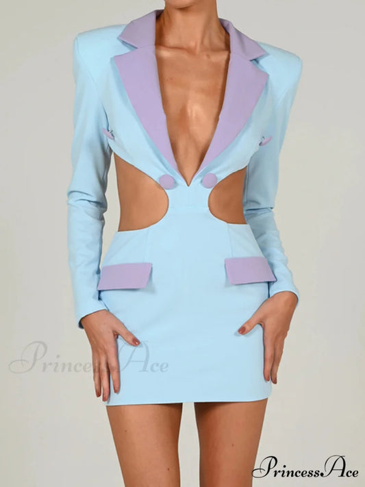 Long Sleeve Elegant Office Sexy Patchwork Backless Dress Light Blue / L