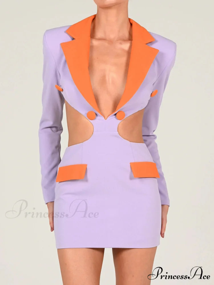 Long Sleeve Elegant Office Sexy Patchwork Backless Dress Purple / L