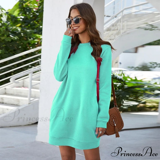 Long Sleeve Fashion Solid Loose Pocket Dress Light Green / S
