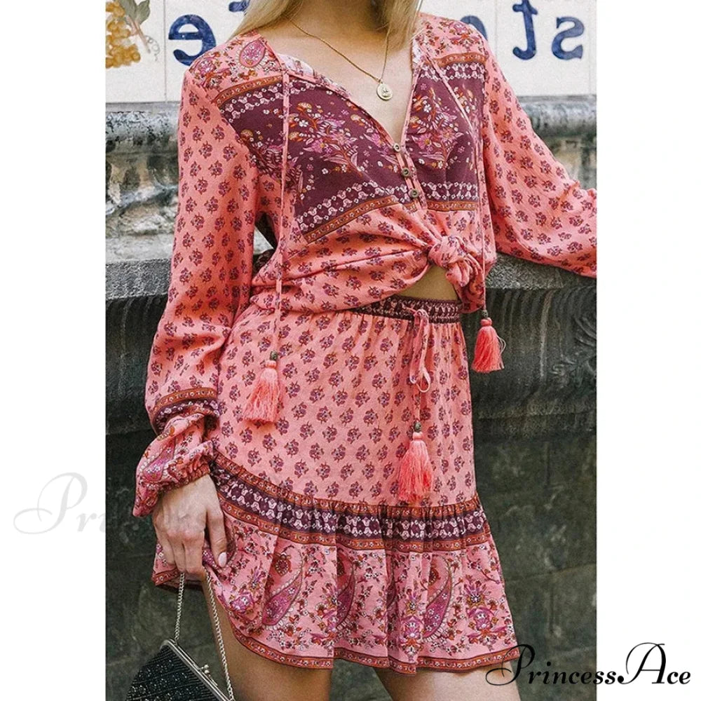 Long Sleeve Flower Pattern V-Neck Fringe Bohemian Top bohoblouse-250126