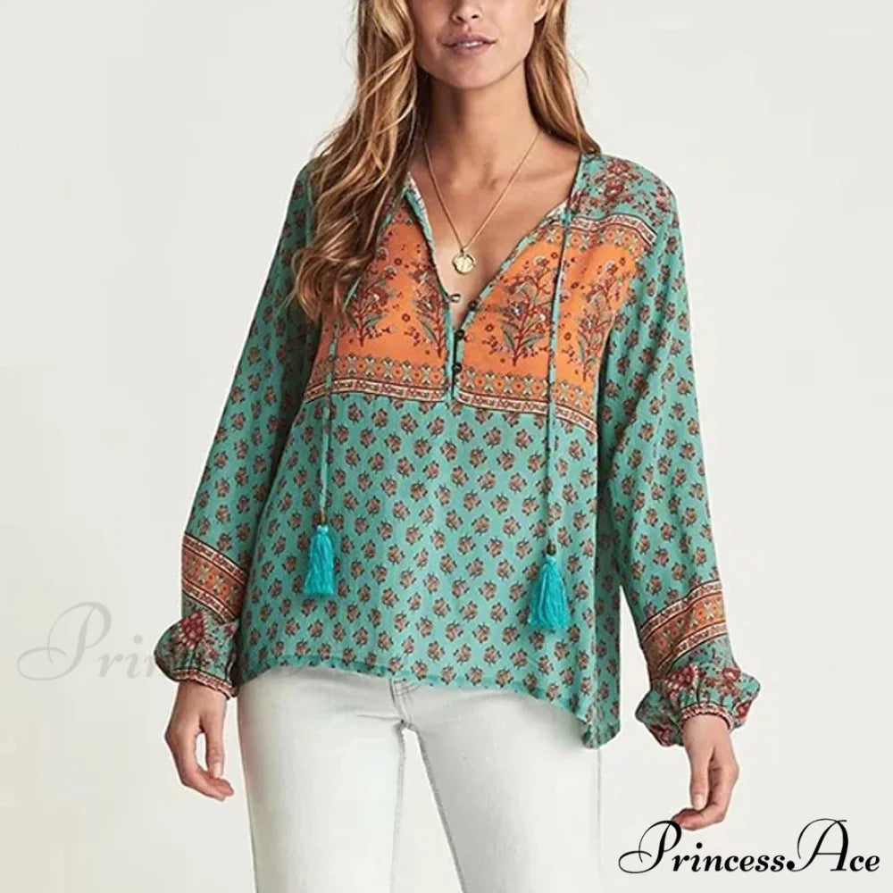 Long Sleeve Flower Pattern V-Neck Fringe Bohemian Top green blouse / S bohoblouse-250126