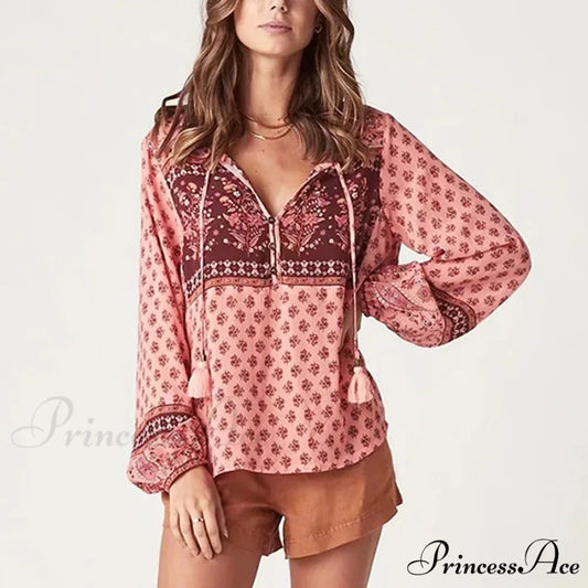 Long Sleeve Flower Pattern V-Neck Fringe Bohemian Top pink blouse / S bohoblouse-250126
