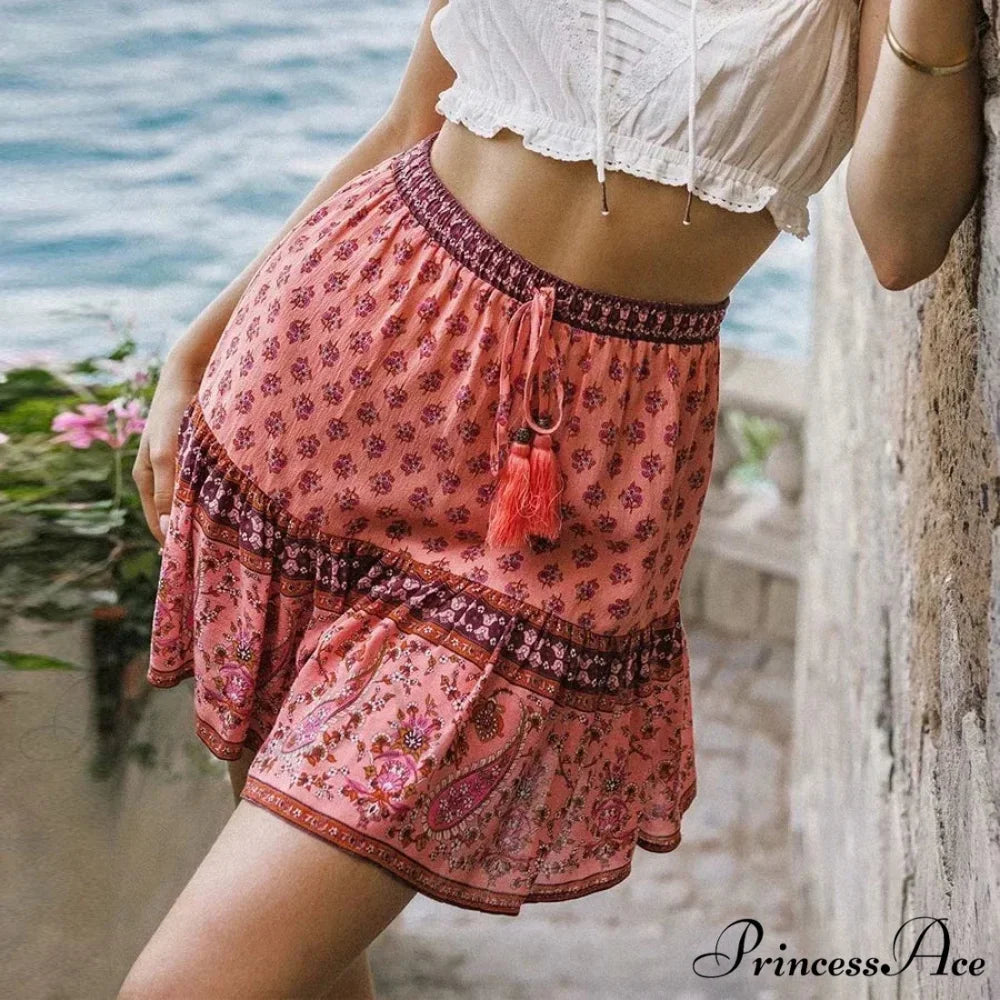 Long Sleeve Flower Pattern V-Neck Fringe Bohemian Top pink skirt / S bohoblouse-250126