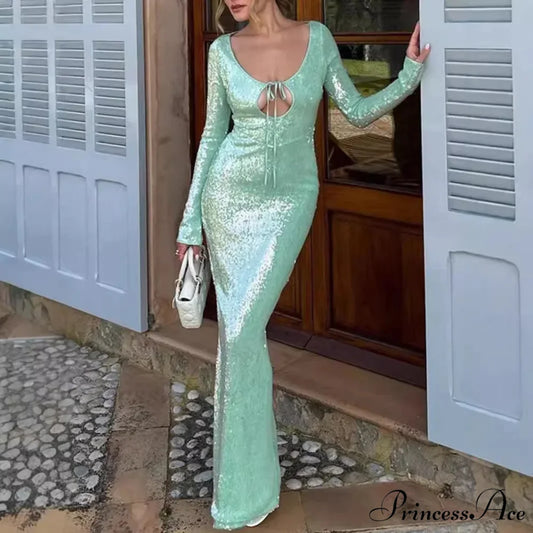 Long Sleeve Formal Occasion Dresses Sequins Elegant Maxi Dress Wedding Christmas Party Dress Green / XS