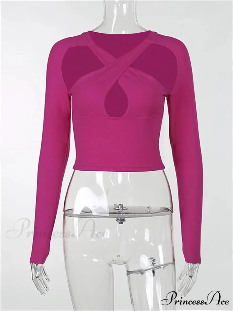 Long Sleeve Front Criss-Cross Solid Color Slim Fit T-shirts