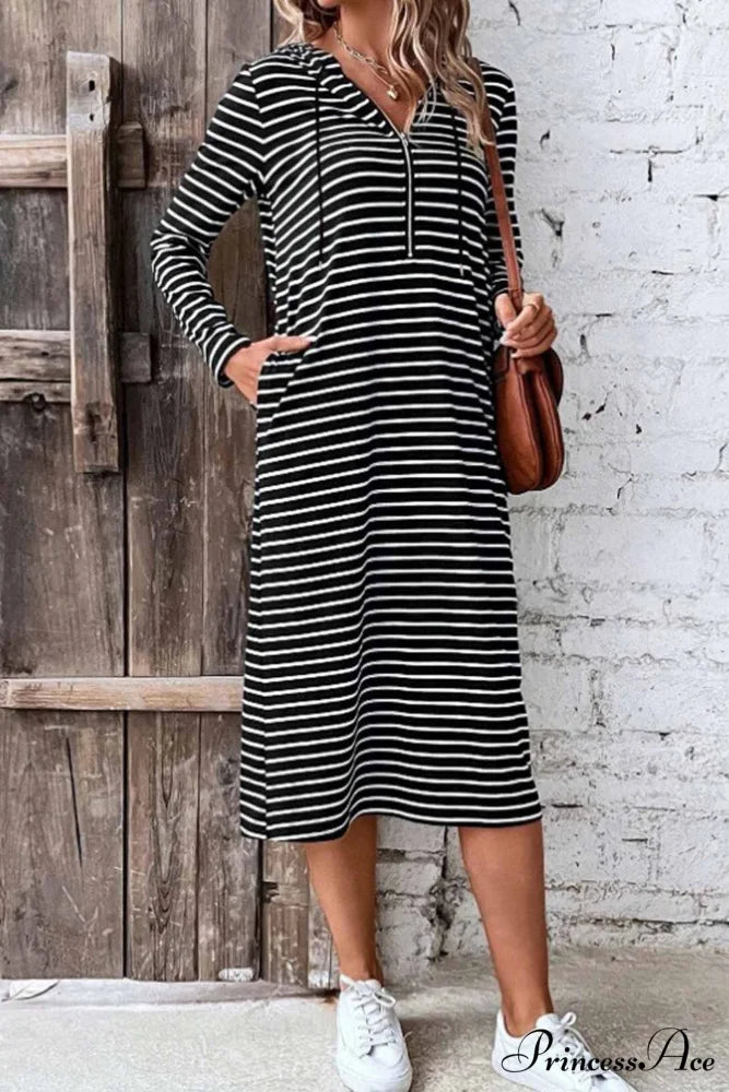 Long Sleeve Hooded Dress with Stripes Black / L