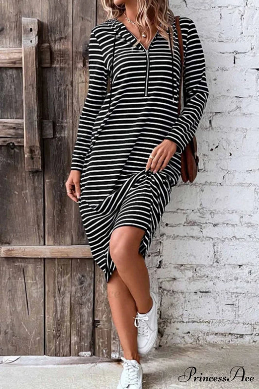 Long Sleeve Hooded Dress with Stripes Black / M