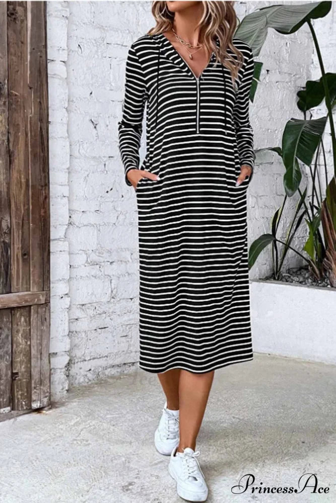 Long Sleeve Hooded Dress with Stripes Black / S