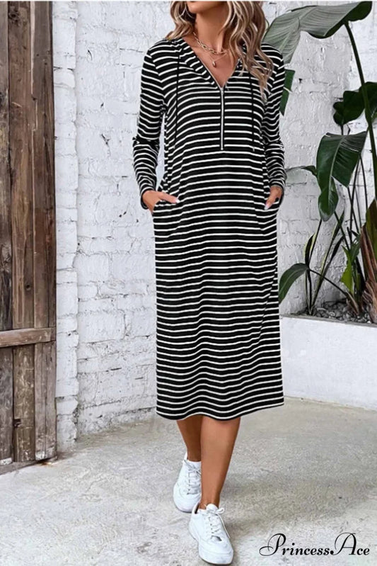 Long Sleeve Hooded Dress with Stripes Black / S