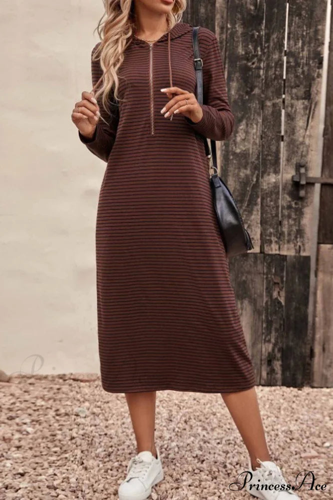 Long Sleeve Hooded Dress with Stripes Coffee / M