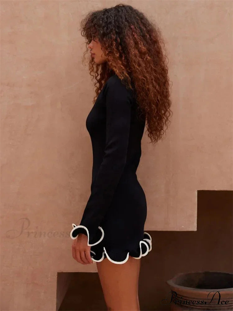 Long Sleeve Knit Charming Ruffled Trim Mini Dress