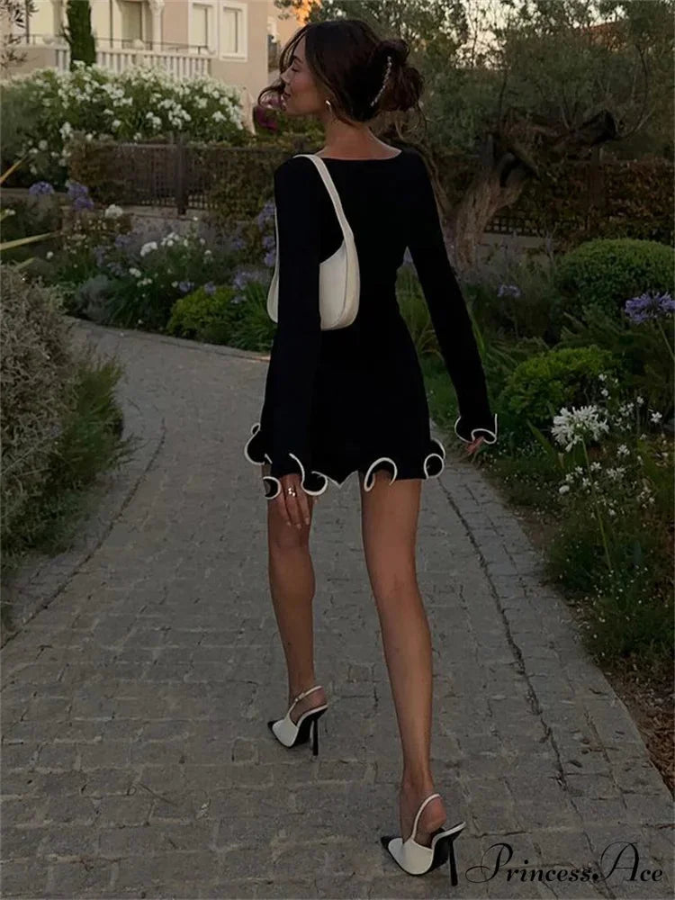 Long Sleeve Knit Charming Ruffled Trim Mini Dress