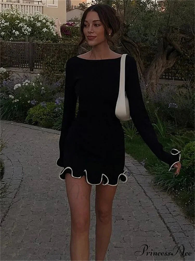 Long Sleeve Knit Charming Ruffled Trim Mini Dress