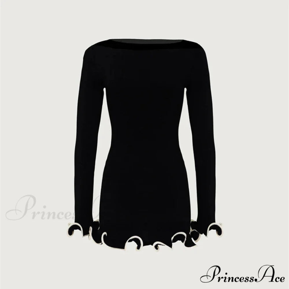 Long Sleeve Knit Charming Ruffled Trim Mini Dress WHITE / L